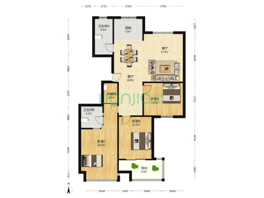 星城洛洲 3室2厅2卫 138平方