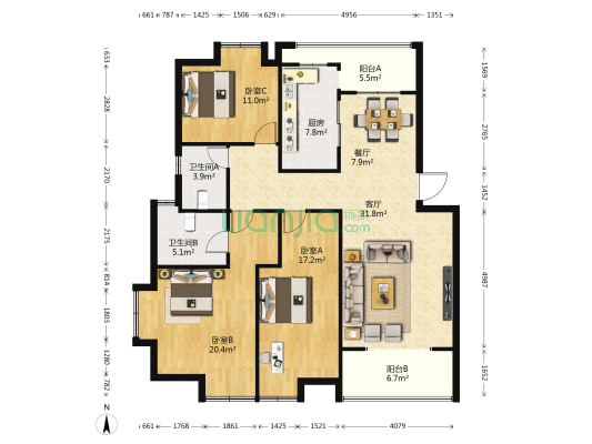 天保家园 3室2厅2卫 127平方