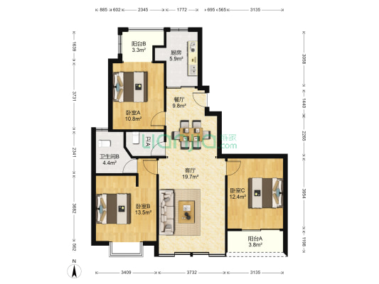 中邦城市 3室2厅2卫 114平方