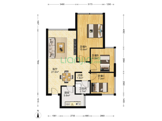 蓝润光华春天B区 3室1厅1卫 81平方