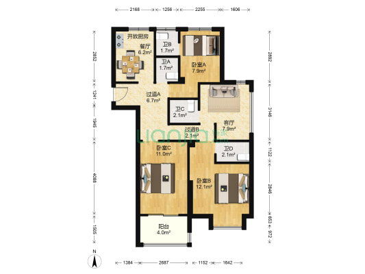 曙升花苑 3室2厅4卫 96平方