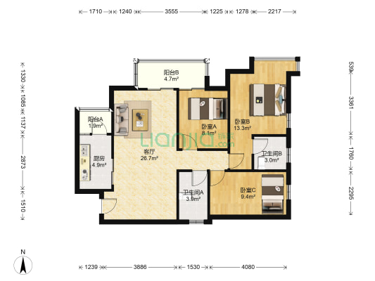 居益名府凯景 3室1厅2卫 91平方