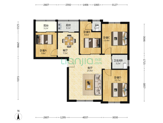 金花园 4室2厅2卫 95平方