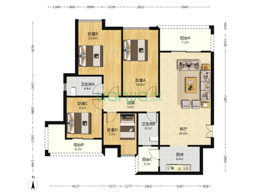 中铁东湖怡景 4室1厅2卫 137平方
