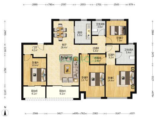 海宸花园臻园 4室1厅2卫 147平方