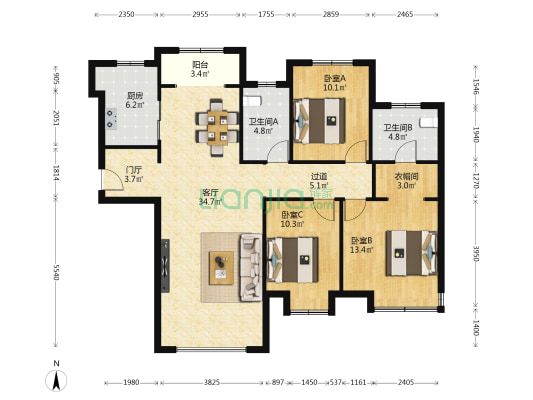 保利花园红棉园 3室1厅2卫 134平方