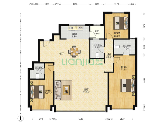 金泰观澜府 3室1厅3卫 178平方