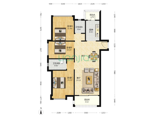 君汇尚品三期 3室1厅2卫 121平方