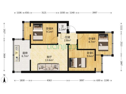 团钢生活区 3室1厅1卫 50平方