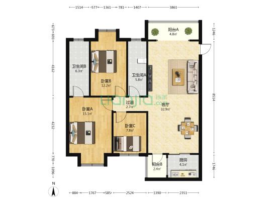 新海小区 3室1厅2卫 120平方