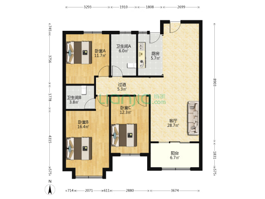 康乐园小区 3室1厅2卫 125平方