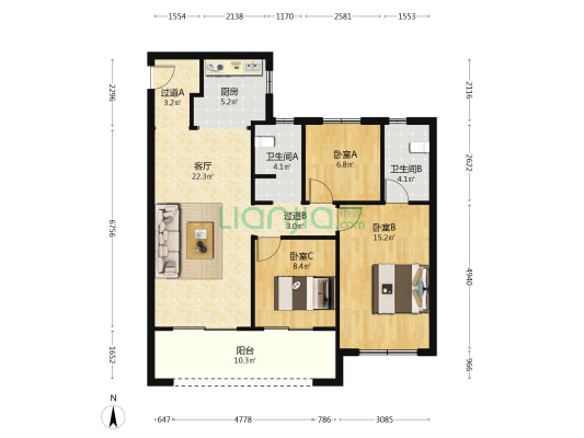 亚新美好未来苑 3室1厅2卫 107平方