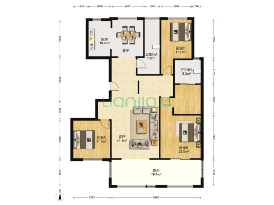 翰林府 3室1厅2卫 168平方