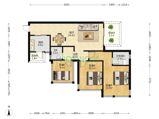 盛天熙府 3室1厅2卫 83平方