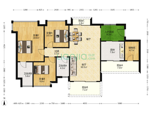 联祥花园 3室1厅2卫 123平方