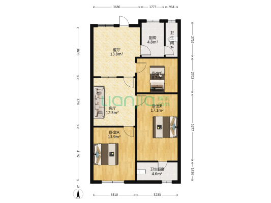 金龙岗18号 3室2厅2卫 68平方