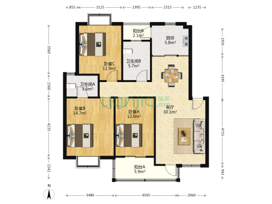 浦韵苑 3室1厅2卫 108平方
