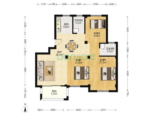 九曲小区三期 3室1厅2卫 103平方