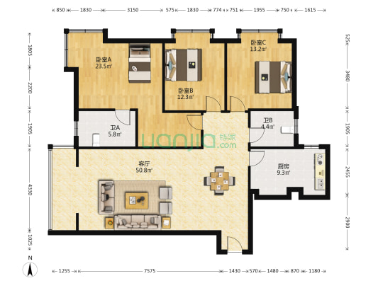 名星广场 3室1厅2卫 153平方