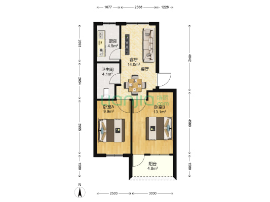 建平小区 2室1厅1卫 64平方