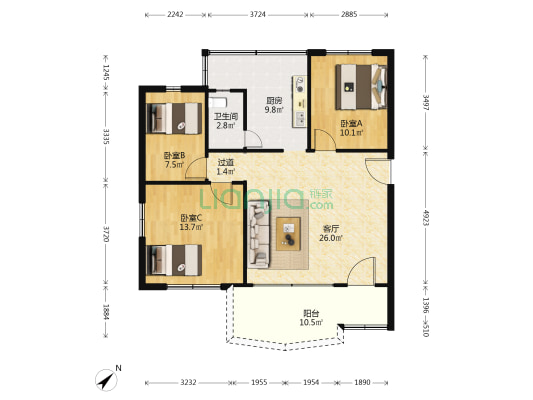 荷景花园六区 3室1厅1卫 92平方