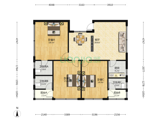 儋州三巷6号 3室1厅3卫 117平方