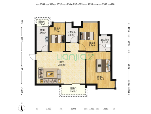 海天瑶 3室1厅2卫 90平方