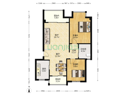 柏仕晶舍 2室2厅1卫 86平方