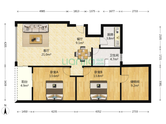 誉品轩 2室2厅1卫 96平方