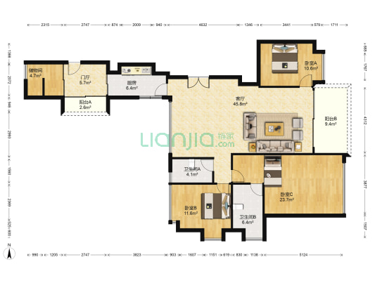 天安高尔夫珑园 3室1厅2卫 153平方