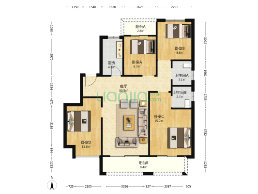 中博城珑誉园 4室1厅2卫 127平方