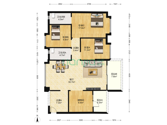中怡新天地 3室1厅2卫 124平方