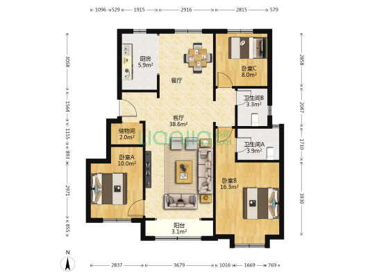 香海园 3室1厅2卫 119平方
