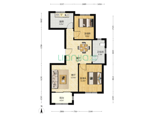 北安演泉安置区B区 2室2厅1卫 95平方