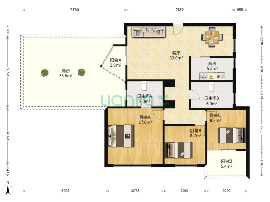金湖花园A区 3室1厅2卫 104平方