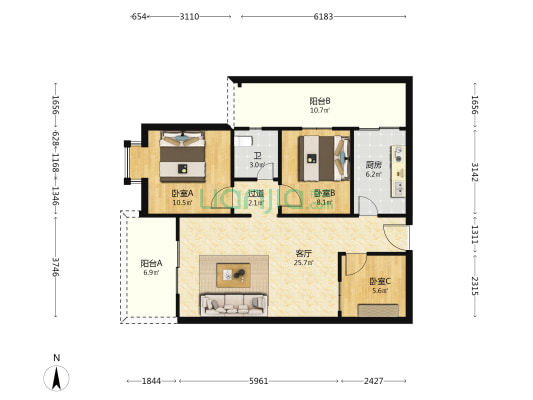 世纪华庭 3室1厅1卫 91平方