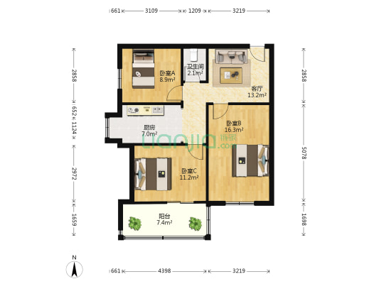河北省歌舞剧院宿舍 3室1厅1卫 77平方