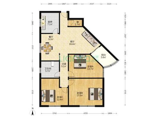 黄金叶小区 3室2厅1卫 126平方