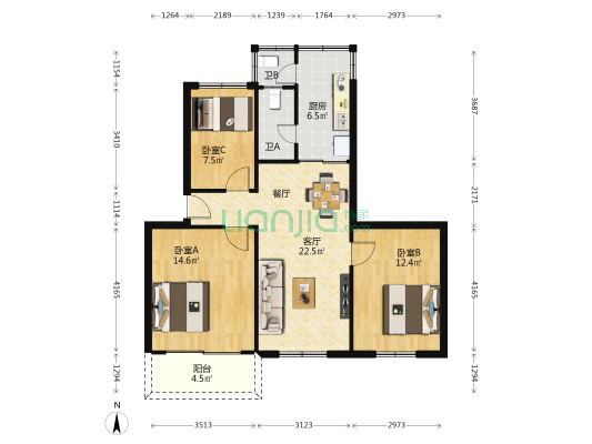 将军巷32号 3室1厅2卫 82平方