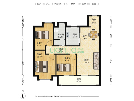 北纬31度 3室2厅1卫 96平方