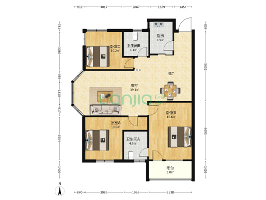 湖景花园 3室1厅2卫 119平方