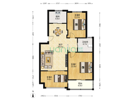 天鹅湾西区 3室1厅1卫 92平方