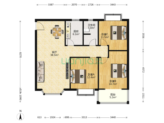 恋日家园A区 3室1厅1卫 108平方