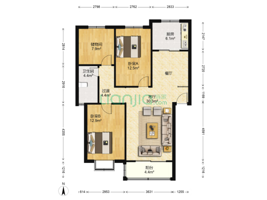 兰亭.御景嘉苑 2室1厅1卫 114平方