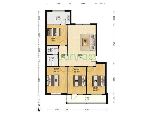 香河县土地局职员住宅楼 4室1厅2卫 120平方