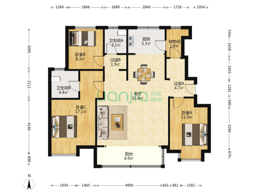 保利·盛景臺 3室1厅2卫 126平方