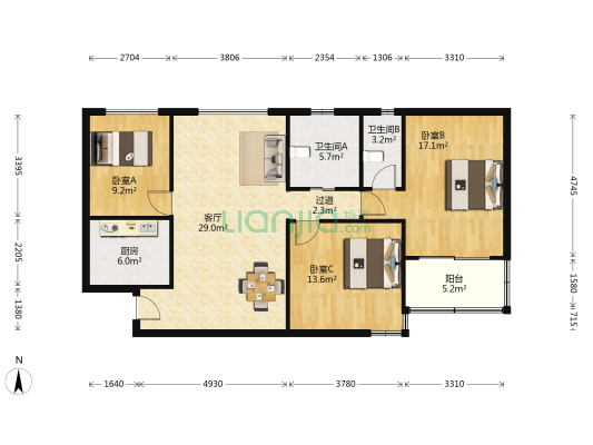 馨虹苑 3室1厅2卫 112平方