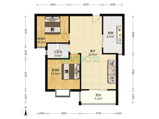 亿弘锦园 2室1厅1卫 91平方