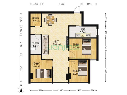 汇和紫薇园 3室1厅1卫 87平方