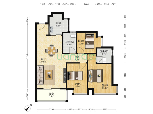 三盈新壹城 3室1厅2卫 103平方